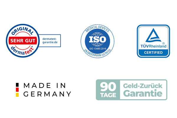 Sechs Zertifizierungs- und Qualitätssicherungsplaketten, darunter Dermatest, ISO, TÜV Rheinland, Made in Germany und eine 90-Tage-Geld-zurück-Garantie, angezeigt in Deutsch und Englisch.