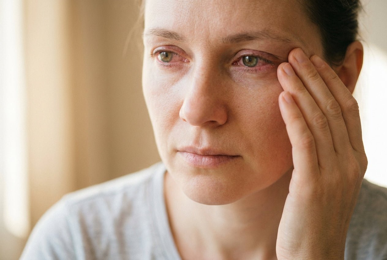 Mild gerötete, wässrige Augen bei erwachsener Person, typisches Jucken und Brennen