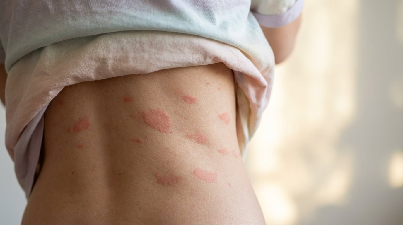 Milde rötliche Flecken als Hautausschlag am Bauch und Rücken bei europäischer Haut