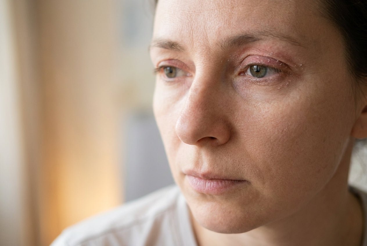 Mildes Lidekzem mit Rötung und feiner Schuppung am oberen Augenlid