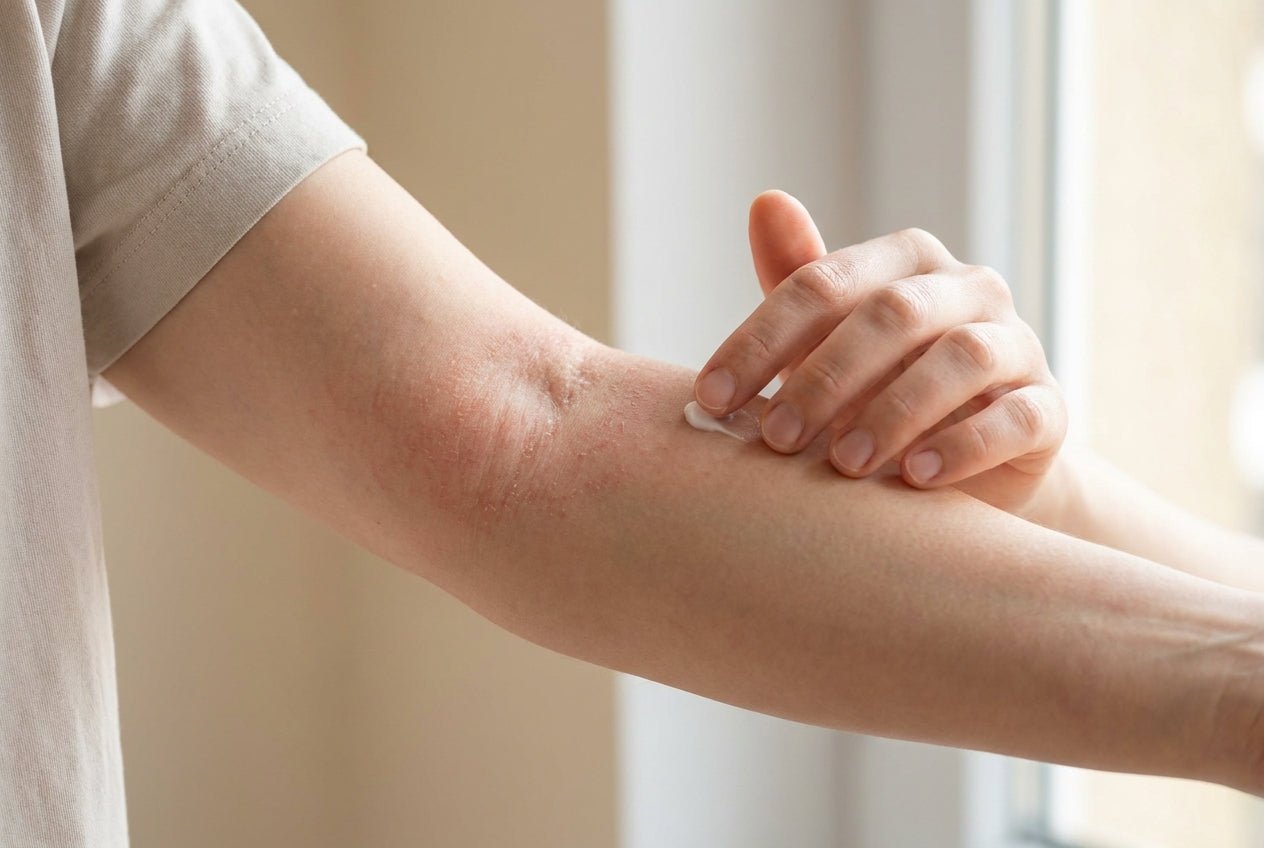 Mildes Neurodermitis-Ekzem in der Armbeuge, Creme wird sanft aufgetragen