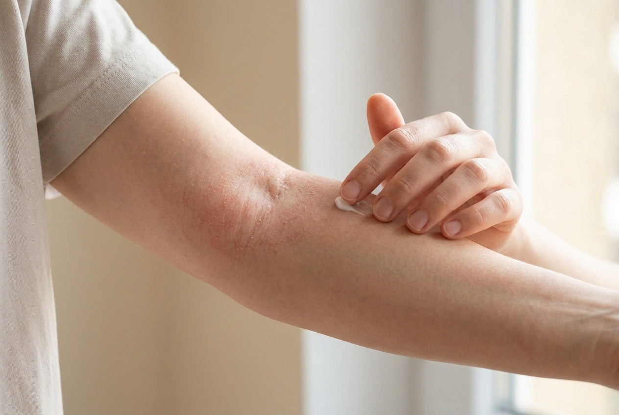 Mildes Neurodermitis-Ekzem in der Armbeuge, Creme wird sanft aufgetragen