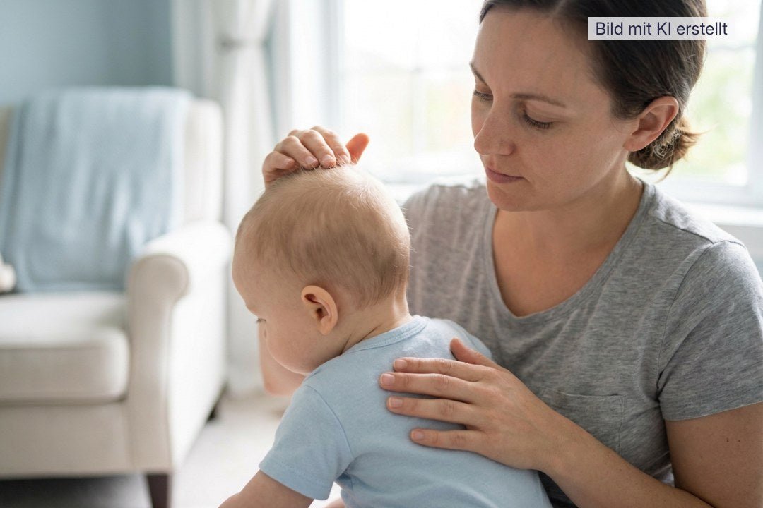 Eine Frau betrachtet vorsichtig die Kopfhaut eines Babys in einem hellen Wohnzimmer.
