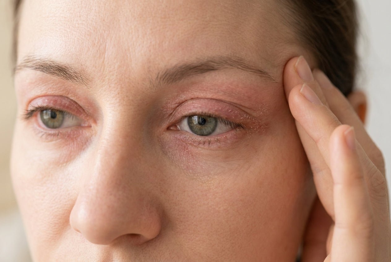 Milde Rötung und trockene schuppige Lidhaut bei Neurodermitis am Auge