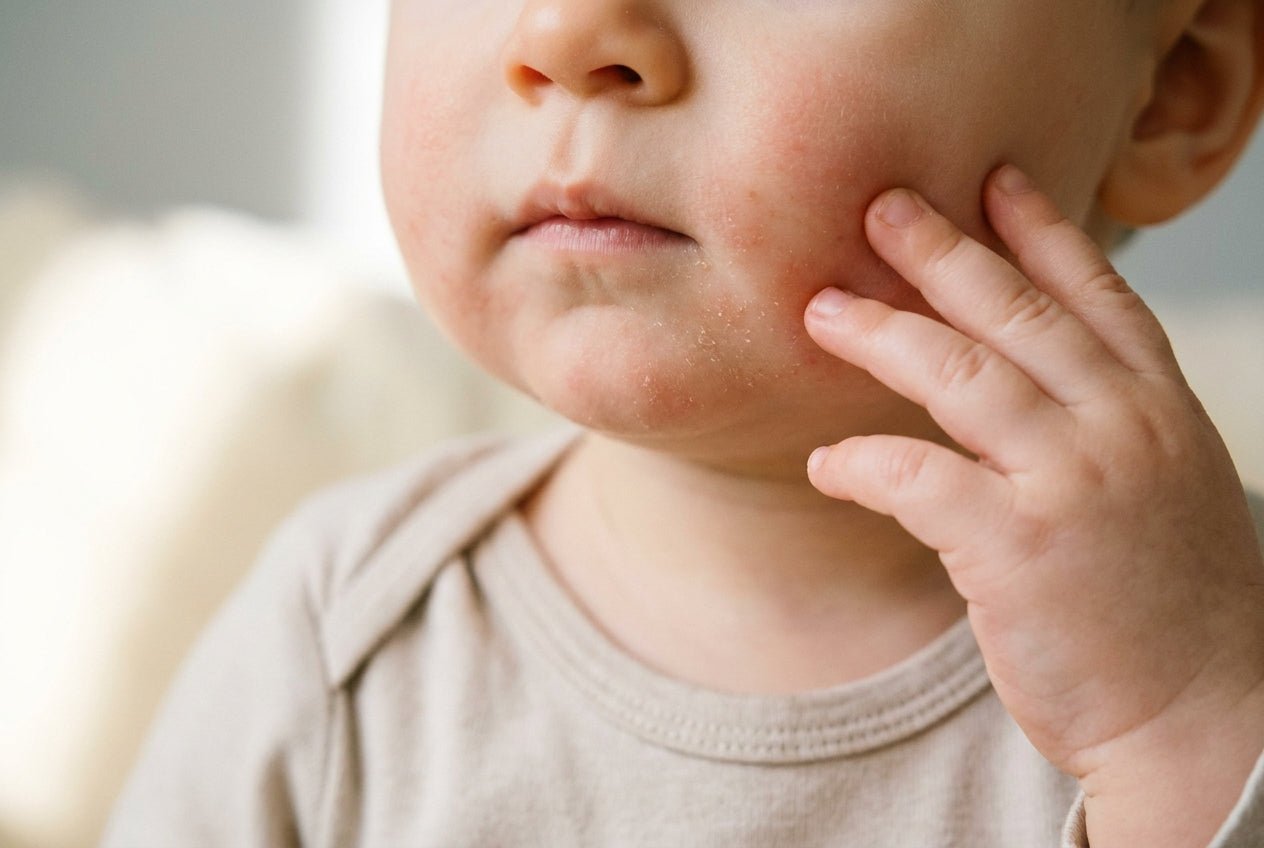 Milde Neurodermitis-Anzeichen an der Babywange mit Rötung und trockener Haut