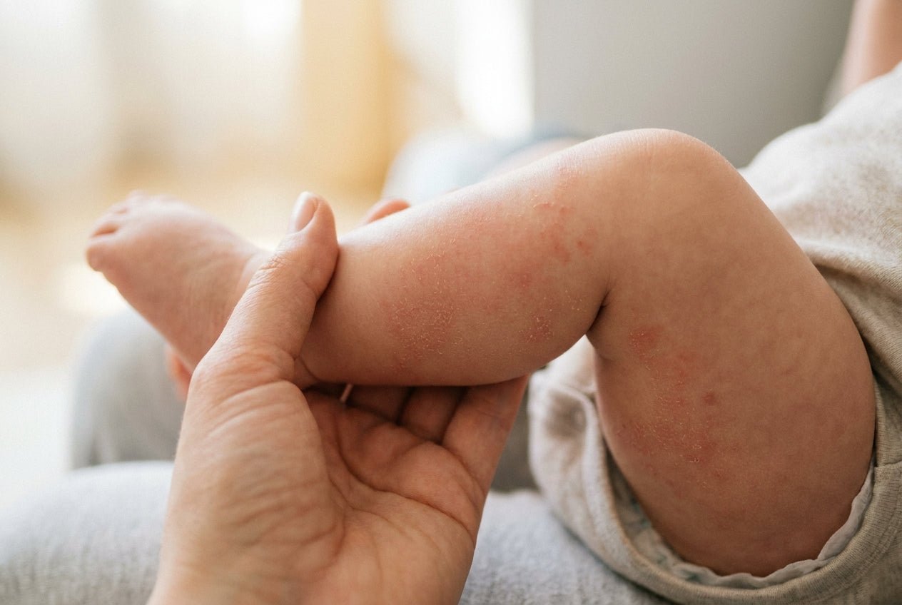 Milde Neurodermitis am Babybein mit trockener Rötung und feiner Schuppung