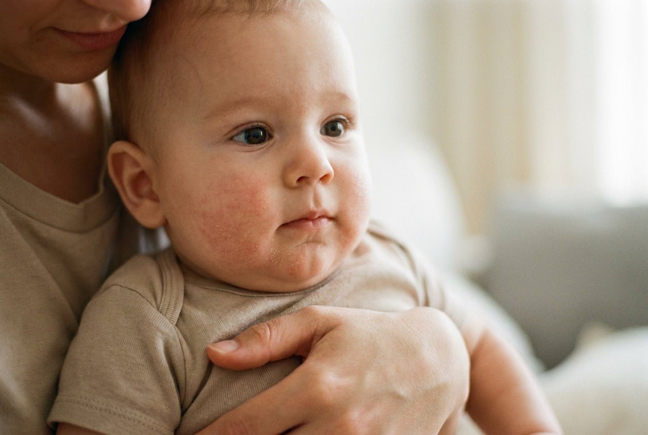 Milde Neurodermitis am Babykinn und an der Wange mit leichter Rötung