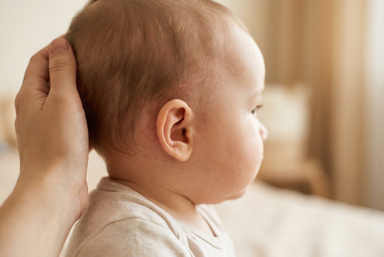 Milde Neurodermitis an Baby-Kopfhaut mit Rötung und feiner Schuppung am Haaransatz