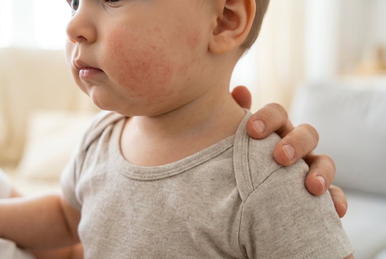 Babywange mit mild gerötetem, trockenem Neurodermitis-Ekzem