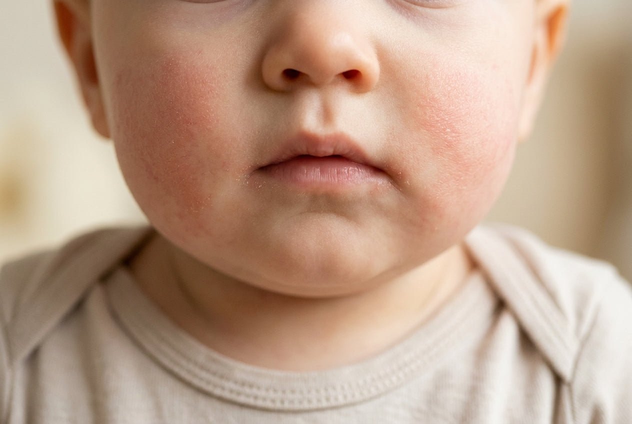 Babywange mit milder Neurodermitis: Rötung und feine Schuppung im Gesicht