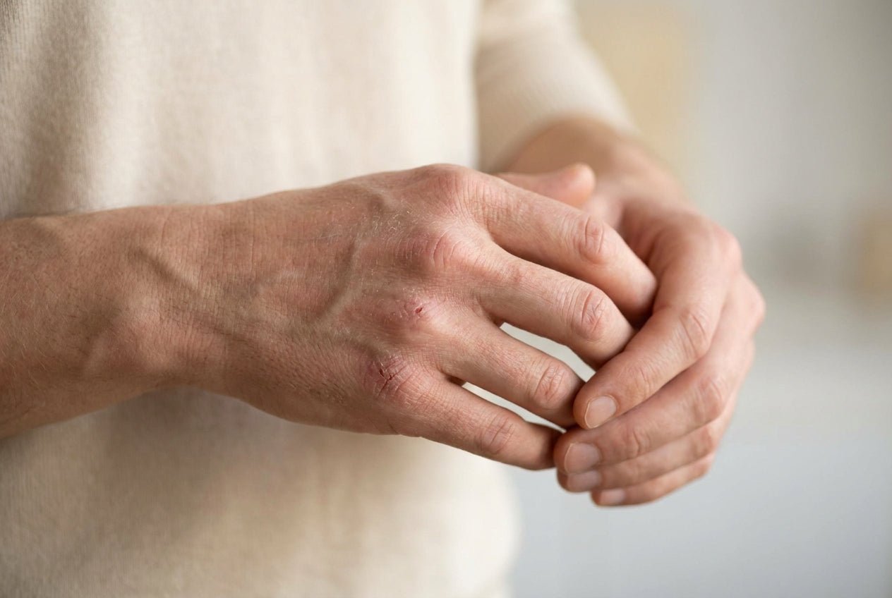 Trockene gerötete Schuppung an Handrücken und Fingerknöcheln bei Neurodermitis