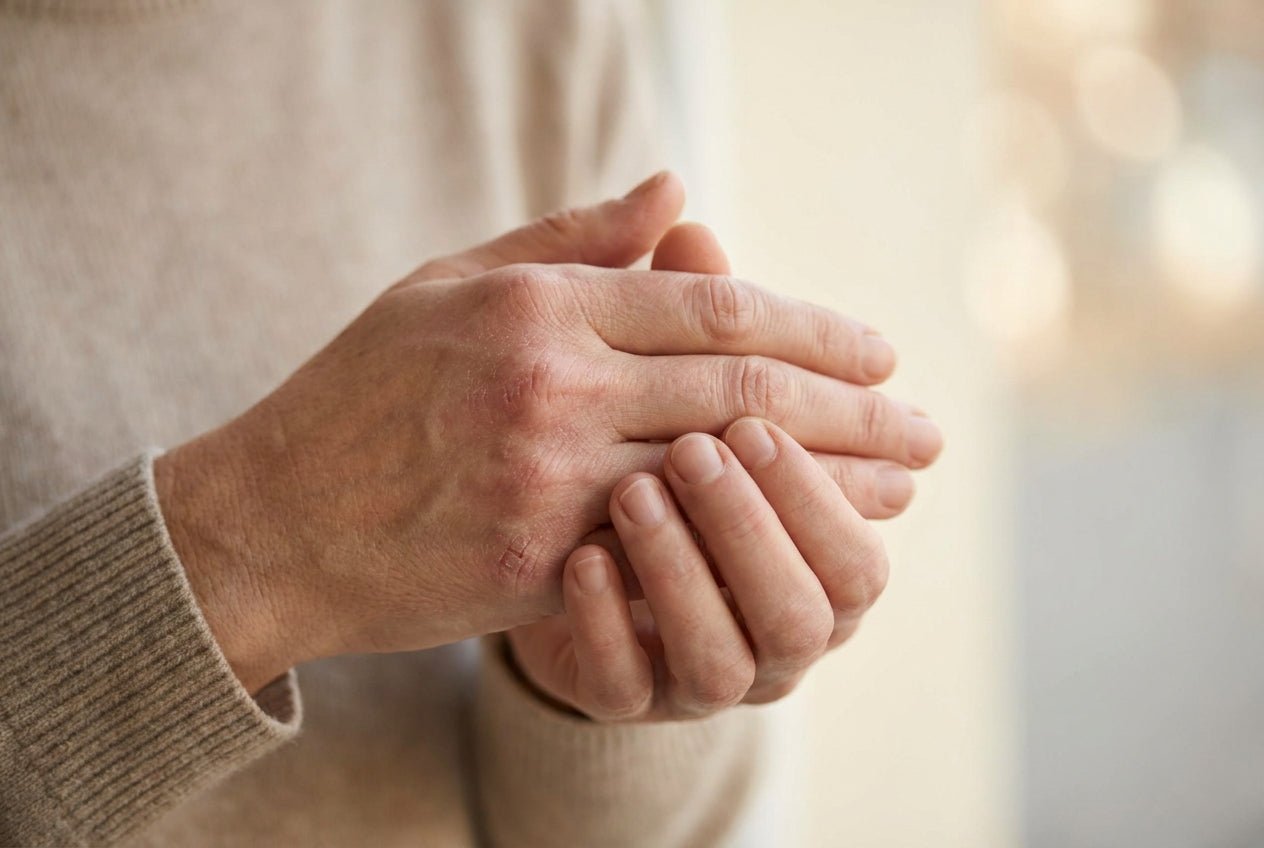 Trockene gerötete Hände mit feinen Rissen an Fingerknöcheln bei Neurodermitis