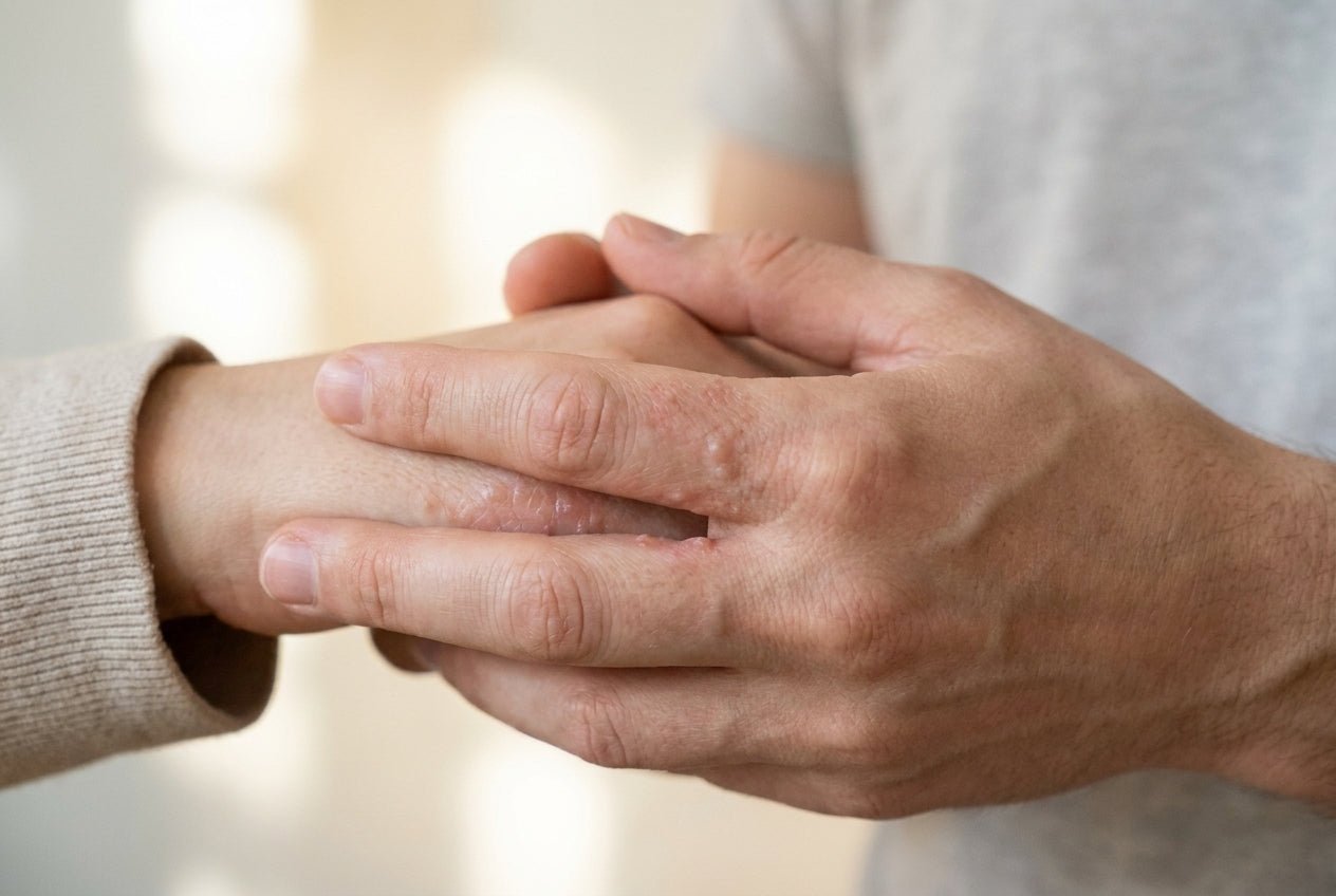 Milde Bläschen und Rötung an Fingerseiten bei Hand-Neurodermitis