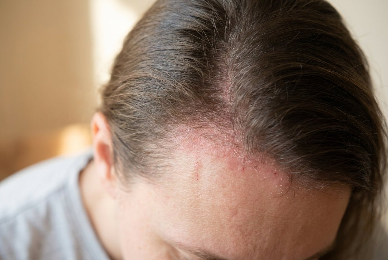 Milde Neurodermitis am Haaransatz mit diffuser Rötung und feiner Schuppung