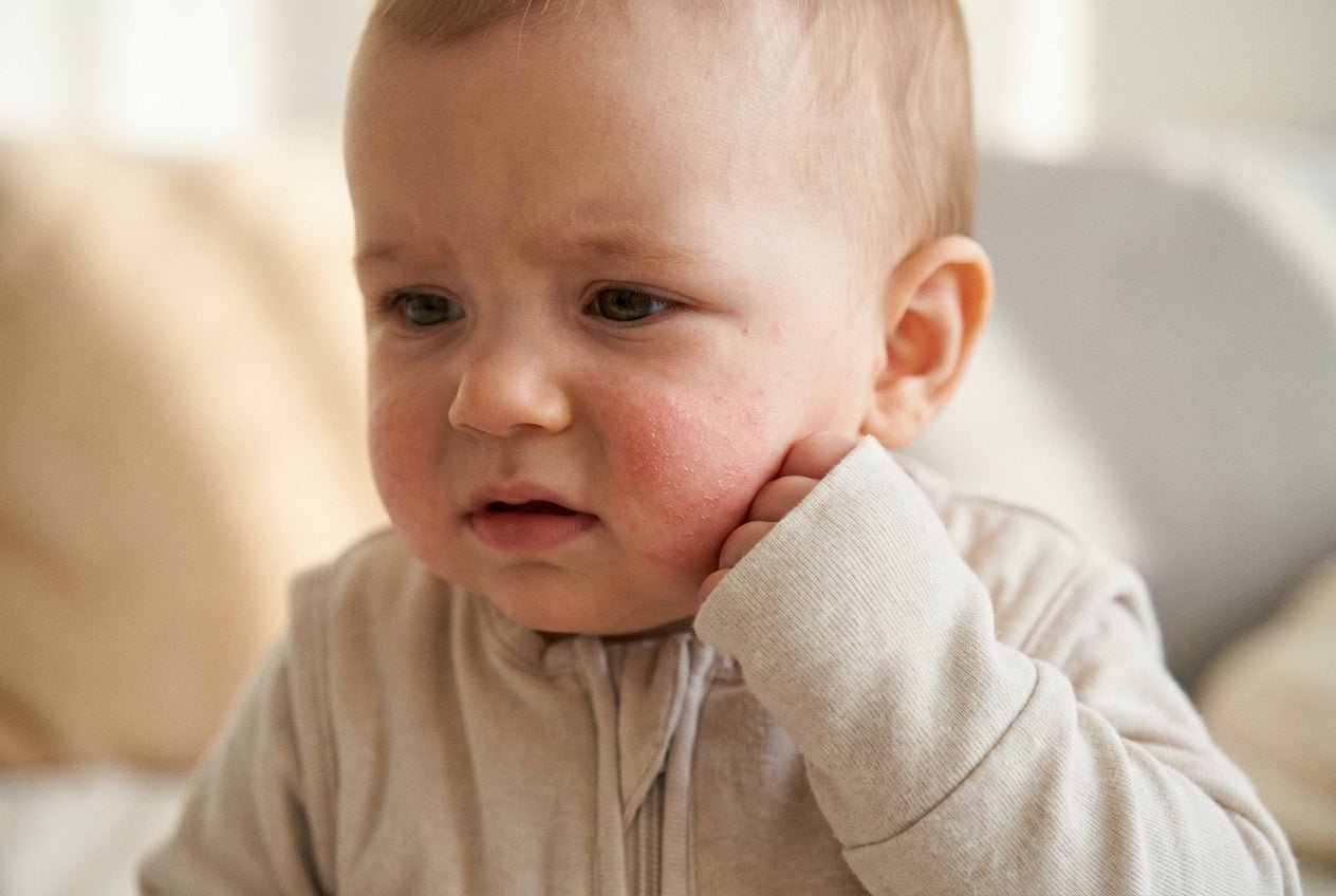 Milde Neurodermitis am Babygesicht mit trockener Rötung an der Wange