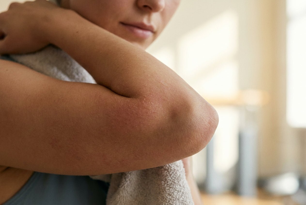 Mildes Neurodermitis-Ekzem in der Armbeuge beim Sport, Schweiß wird sanft abgetupft