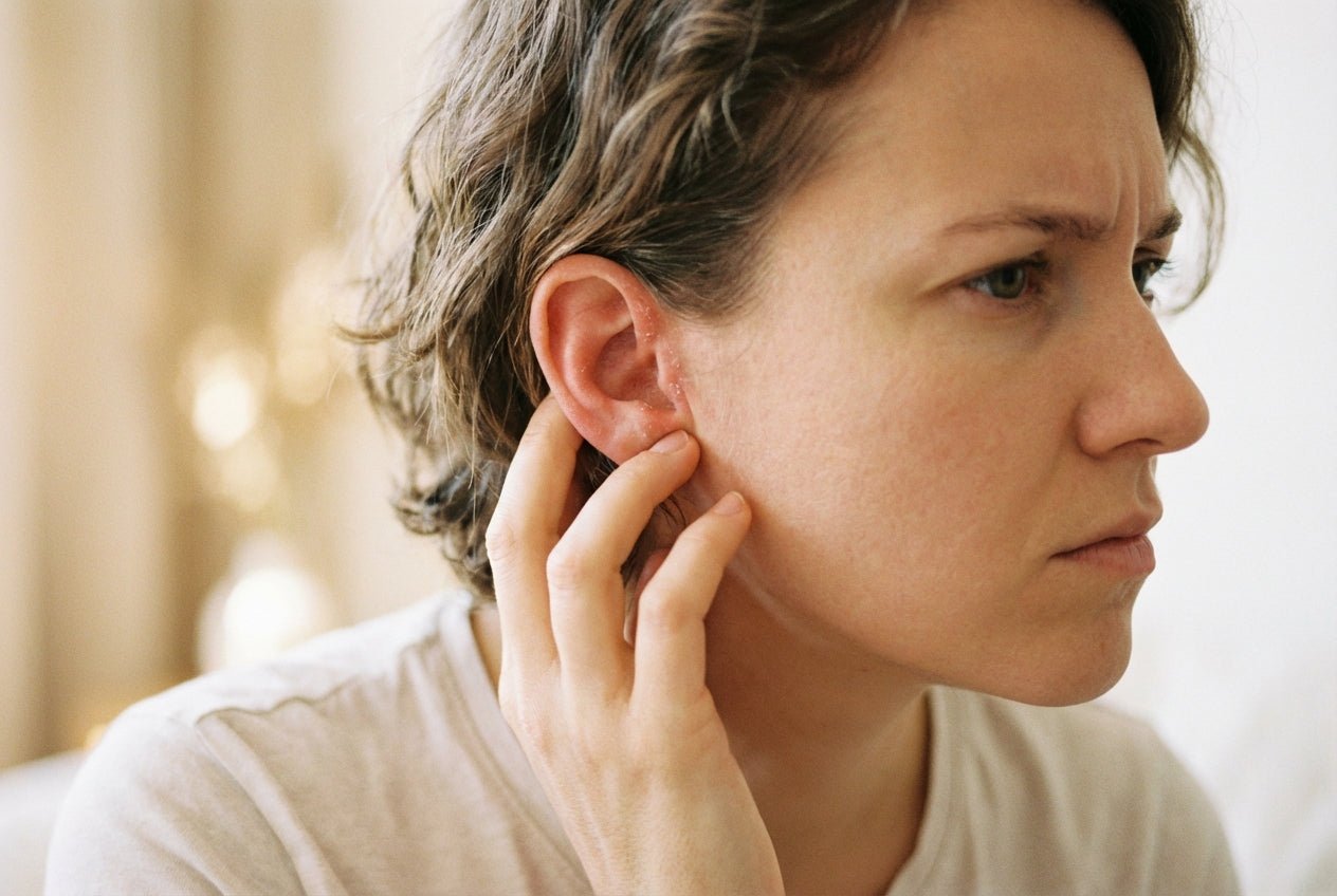 Milde Rötung und trockene Haut am äußeren Gehörgang bei juckendem Ohr