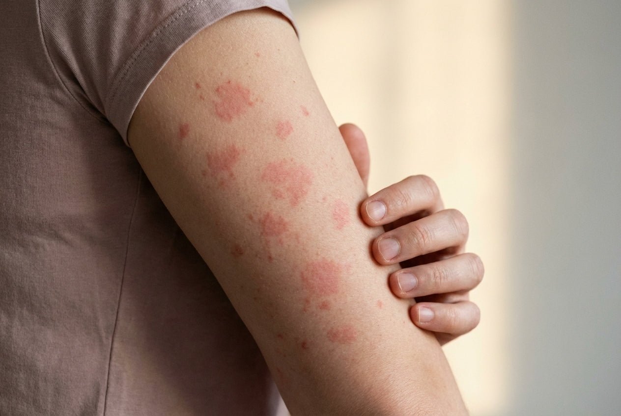 Milde rote Flecken (Erythem) am Oberarm, Hand prüft die gereizte Haut