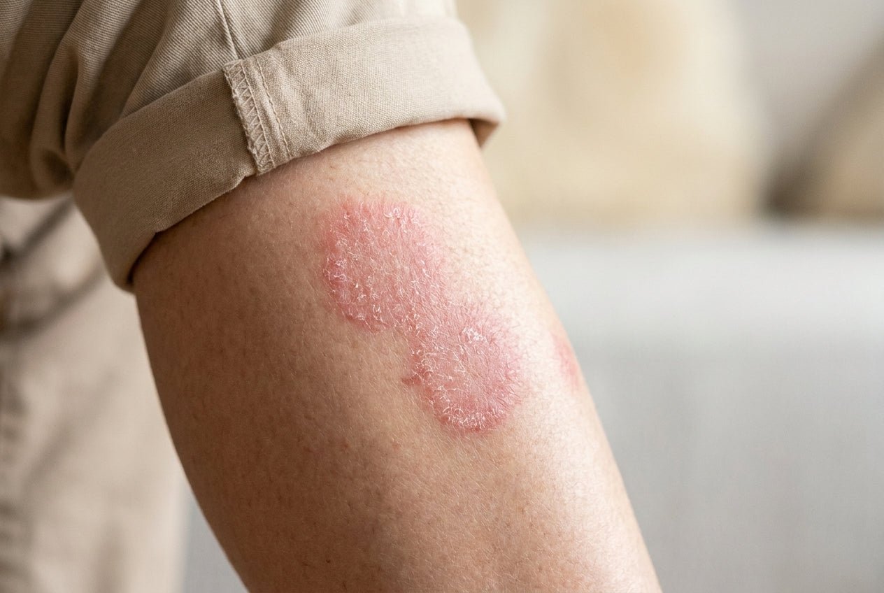 Milde Plaque-Psoriasis mit trockener Schuppung am Schienbein