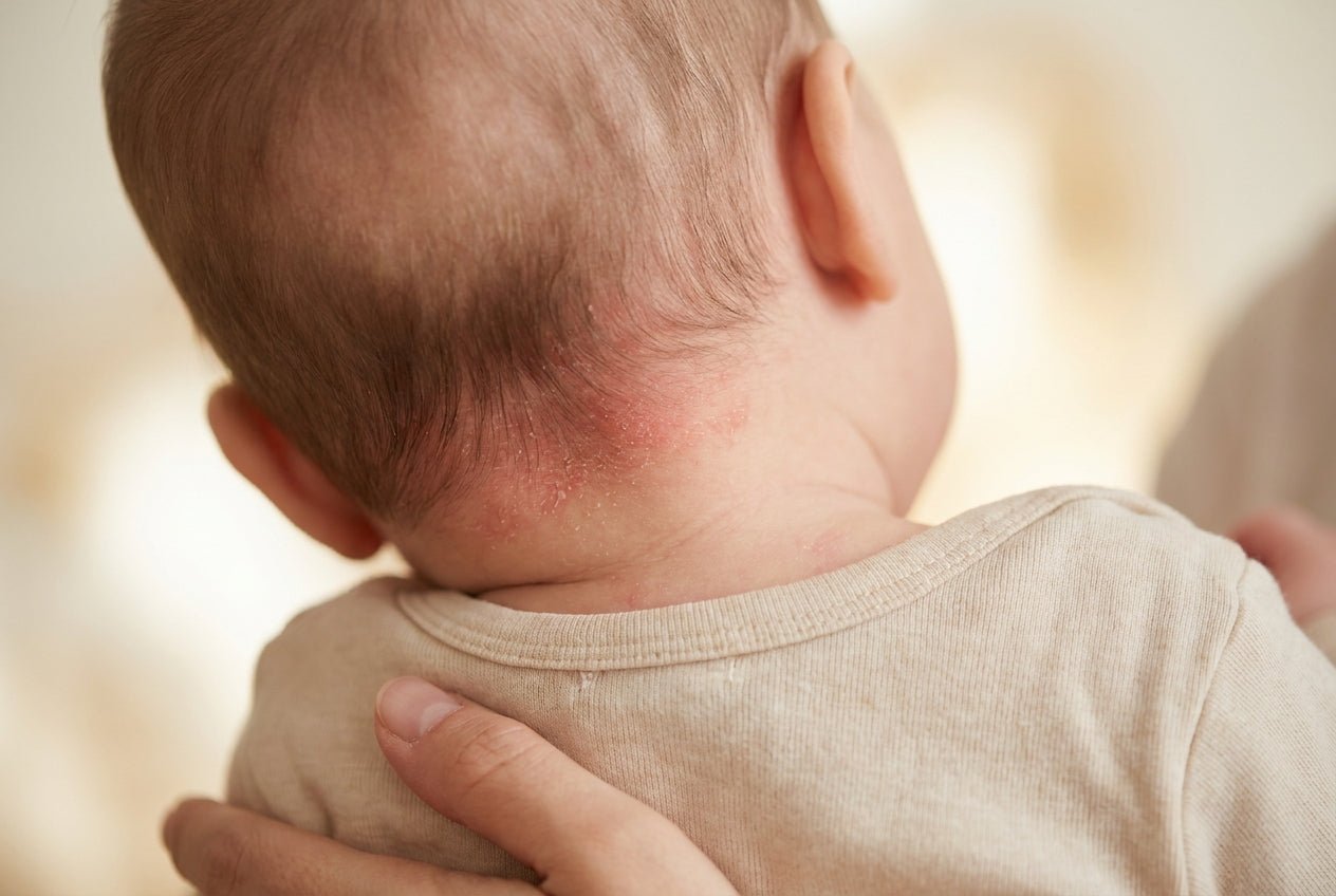 Milde Rötung mit feiner Schuppung am Haaransatz eines Babys bei Psoriasis