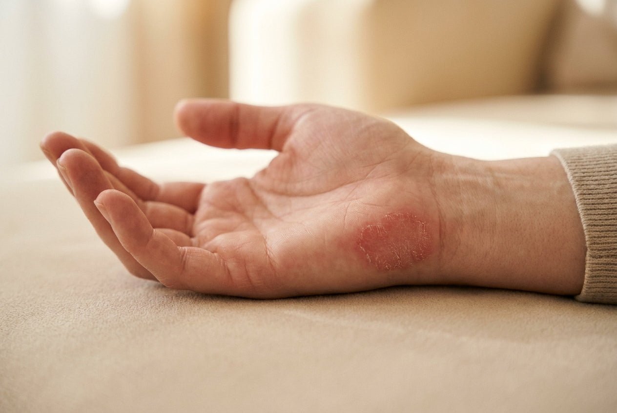 Milde Schuppenflechte (Psoriasis) am Handballen mit trockener Schuppung
