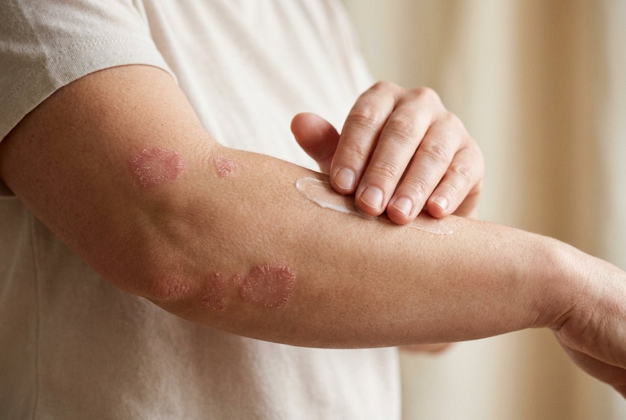 Milde Psoriasis-Plaques mit feiner Schuppung am Unterarm beim Eincremen