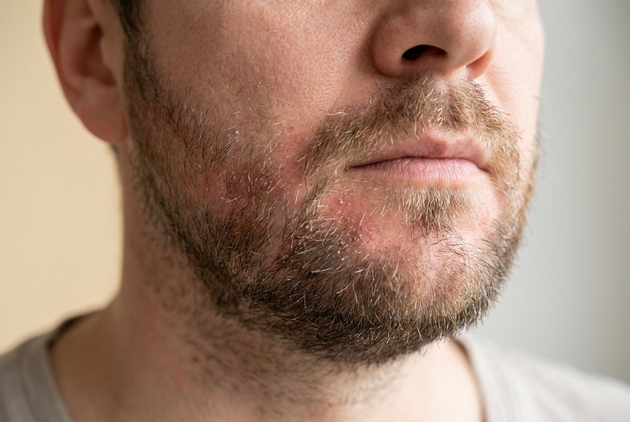 Milde Psoriasis im Bartansatz mit scharf begrenzter Rötung und feiner Schuppung