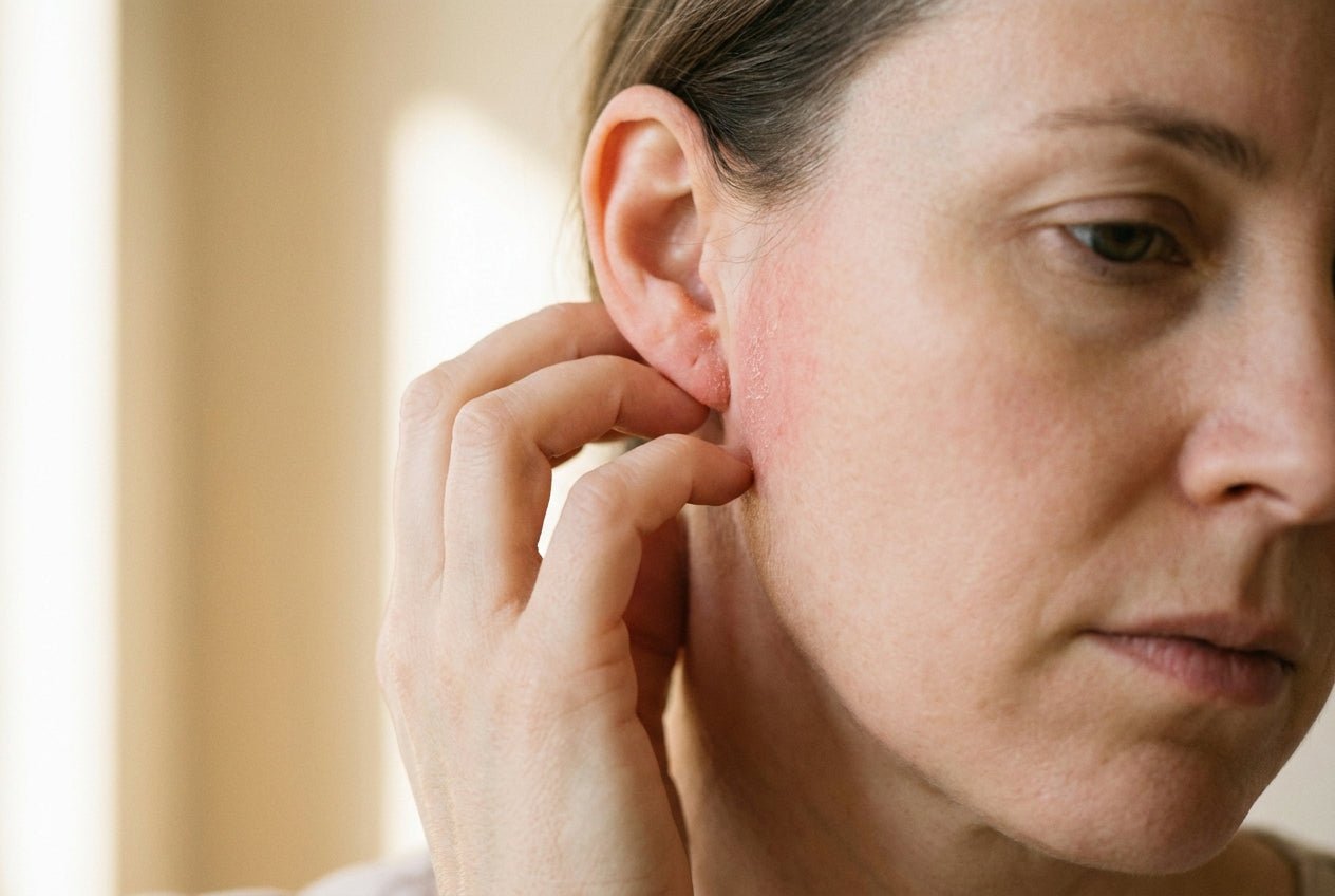 Milde Psoriasis am Ohr mit feinen hellen Schuppen an Ohrmuschel und Falte