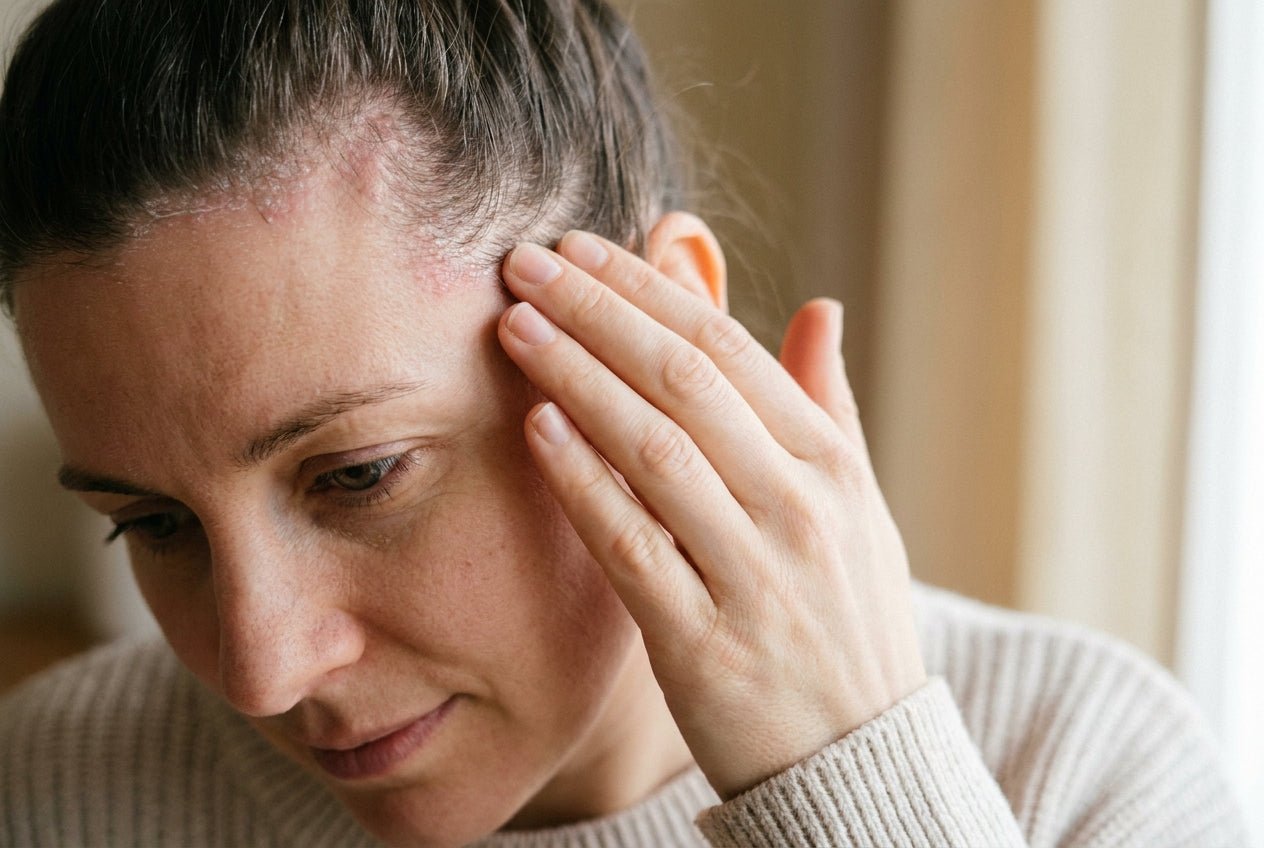 Milde Kopfhaut-Psoriasis am Haaransatz mit feinen silbrig-weißen Schuppen