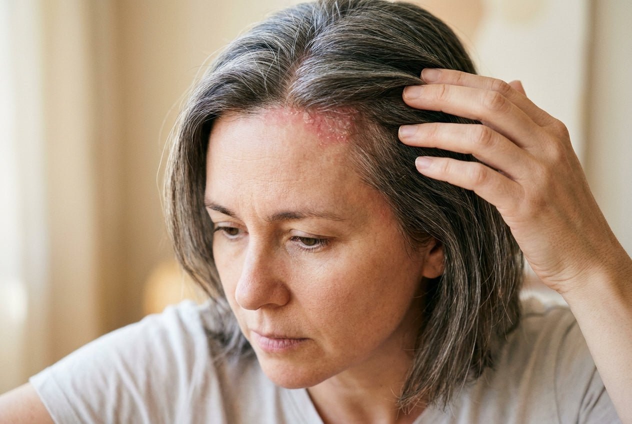 Milde Kopfhaut-Psoriasis am Haaransatz mit klarer Rötung und wenigen weißen Schuppen