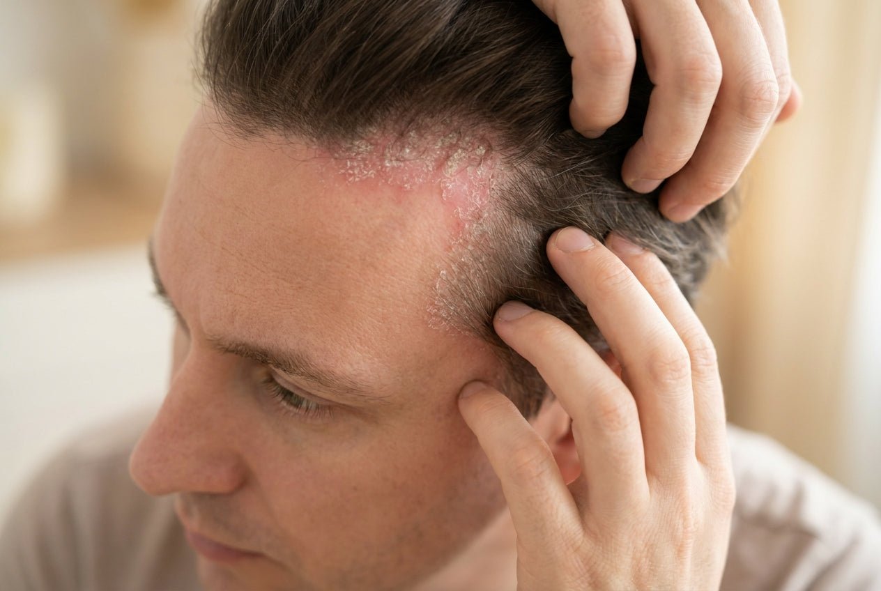 Milde Kopfhaut-Psoriasis am Haaransatz mit silbrig-weißen Schuppen und Rötung