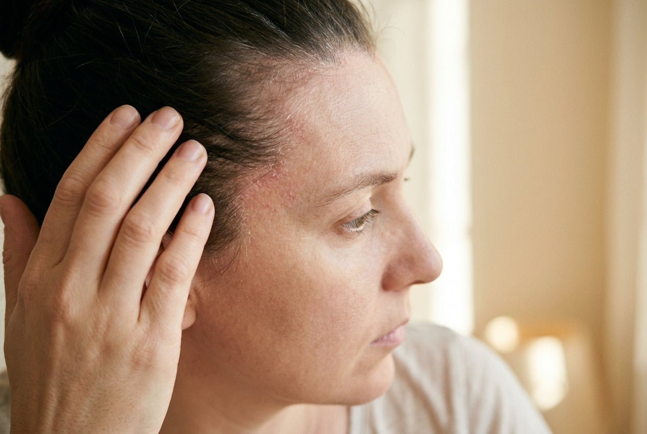 Milde Kopfhaut-Psoriasis am Haaransatz mit feinen weißlich-silbrigen Schuppen