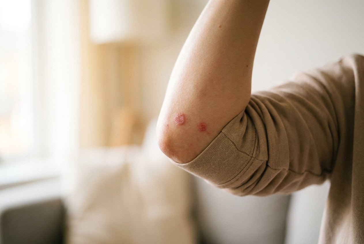 Milde Psoriasis-Plaque mit weißlicher Schuppung am Ellbogen im Tageslicht
