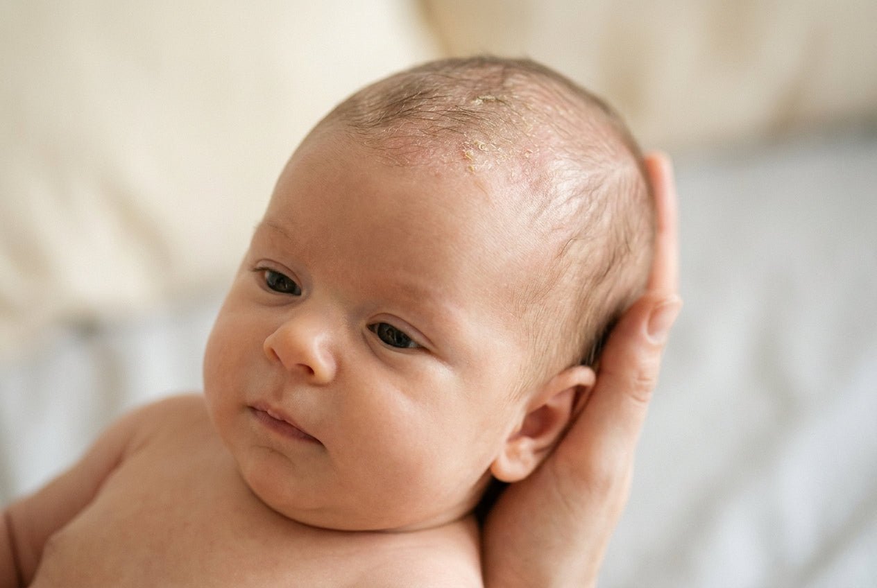 Milder Kopfgneis mit gelblichen Schuppen am Haaransatz eines Babys