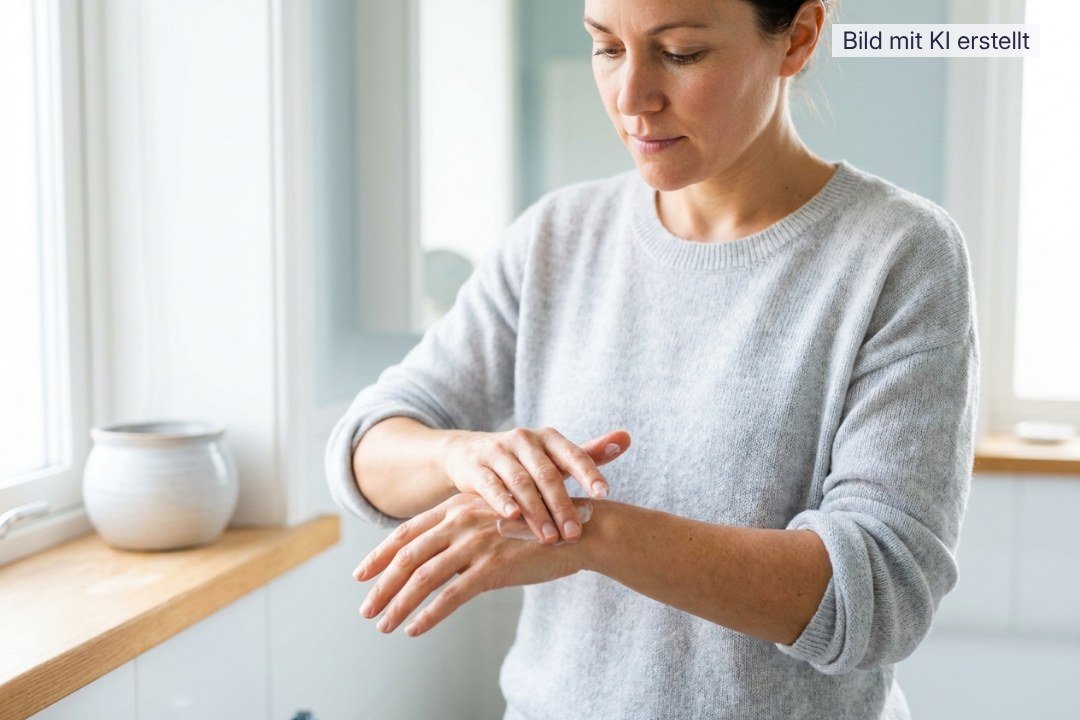 Eine Frau im grauen Pullover trägt weiße Creme auf ihren Handrücken auf.
