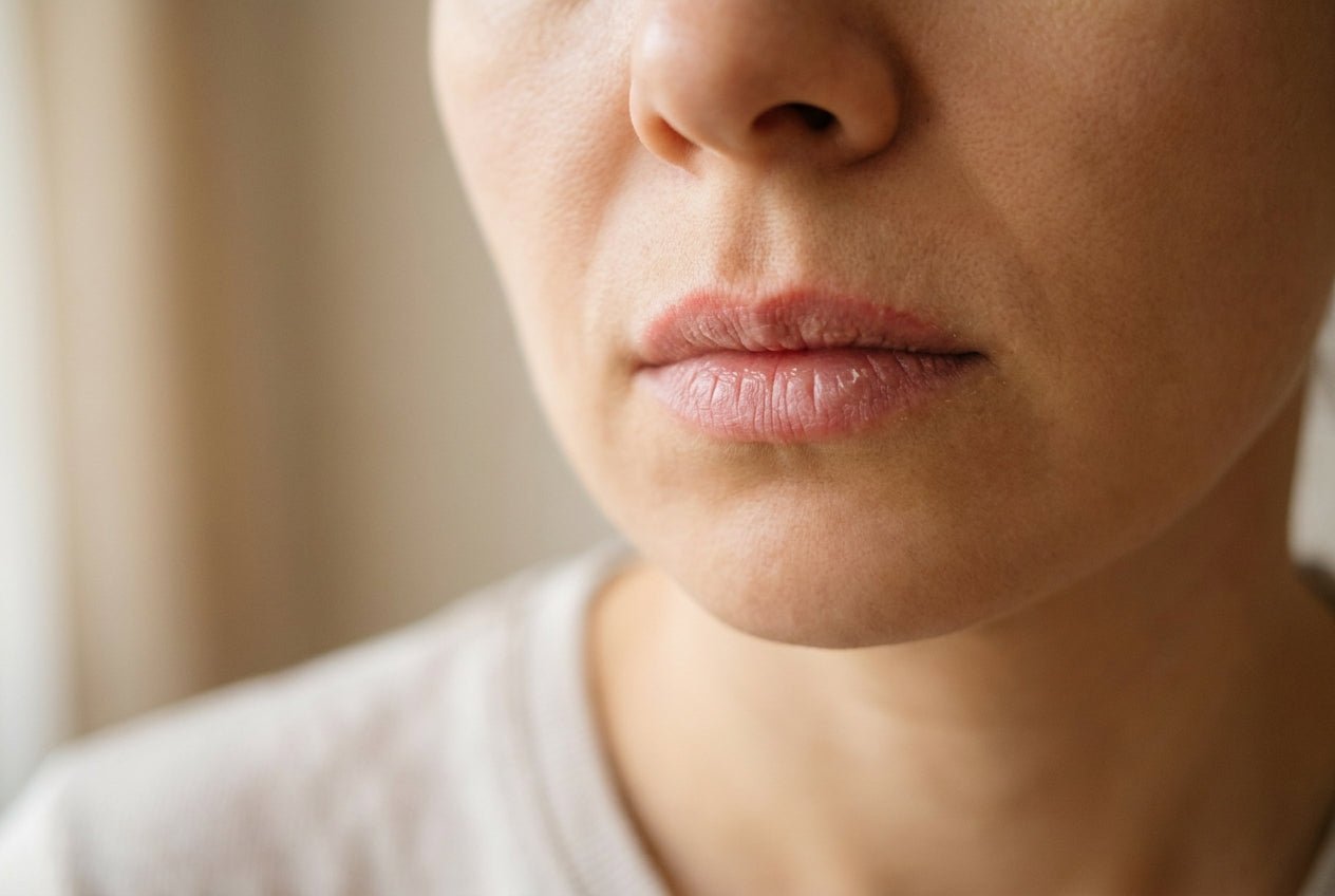Mild trockene, leicht schuppige Lippen mit dezenter Rötung im Mundbereich