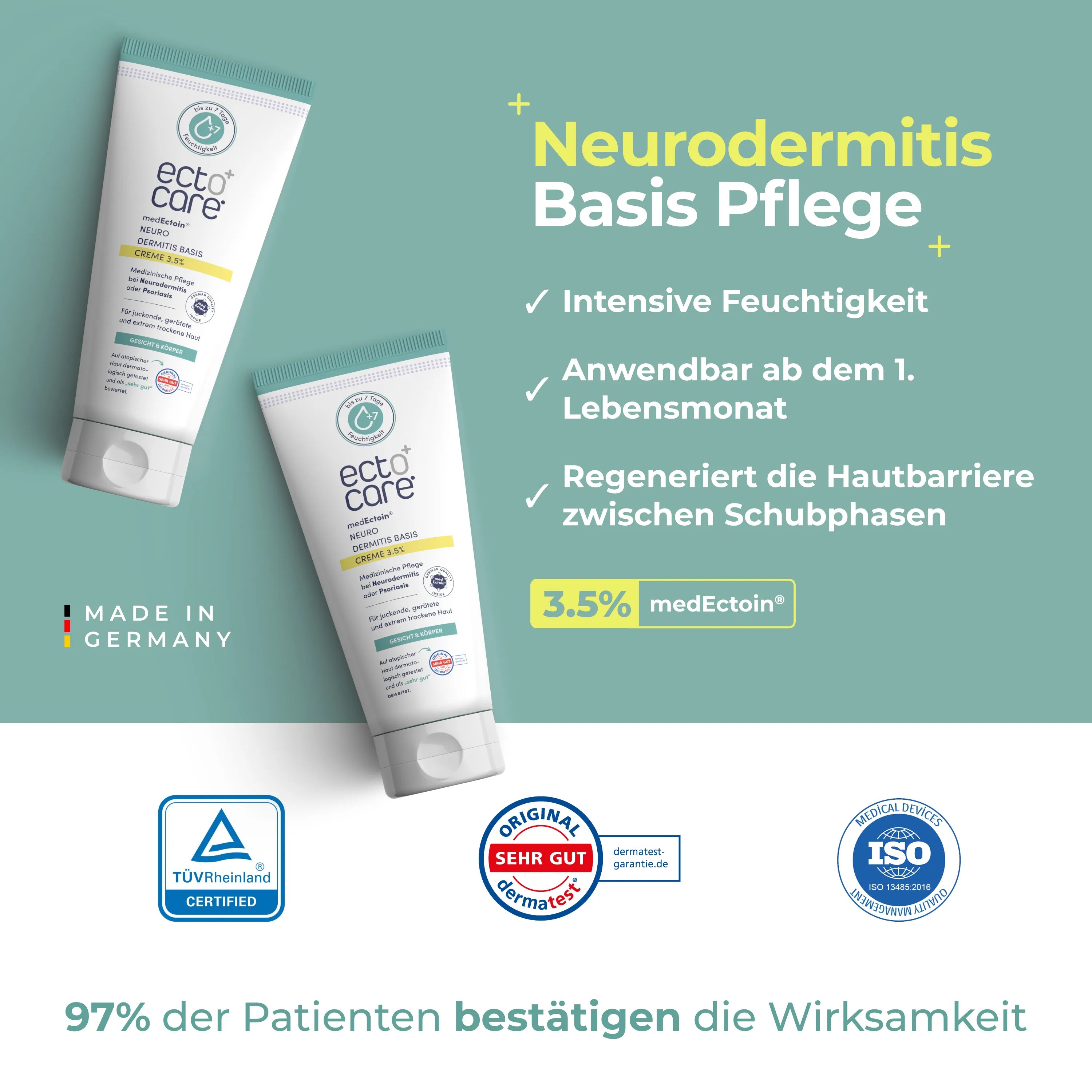 Zwei Tuben ecto care Neurodermitis Basis Pflege vor grünlichem Hintergrund, Text mit Produktvorteilen und Zertifikaten, darunter '97% der Patienten bestätigen die Wirksamkeit'.