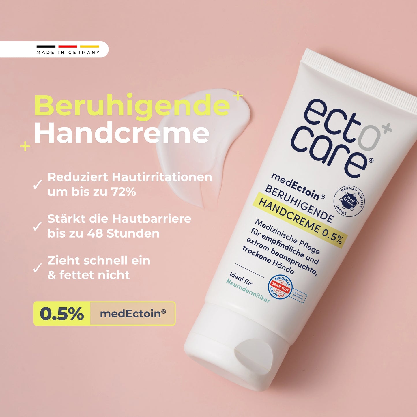 
                  
                    Tube der ectocare beruhigenden Handcreme 0,5 Prozent mit medEctoin für empfindliche, trockene Hände, reduziert Hautirritationen bis 72 Prozent
                  
                