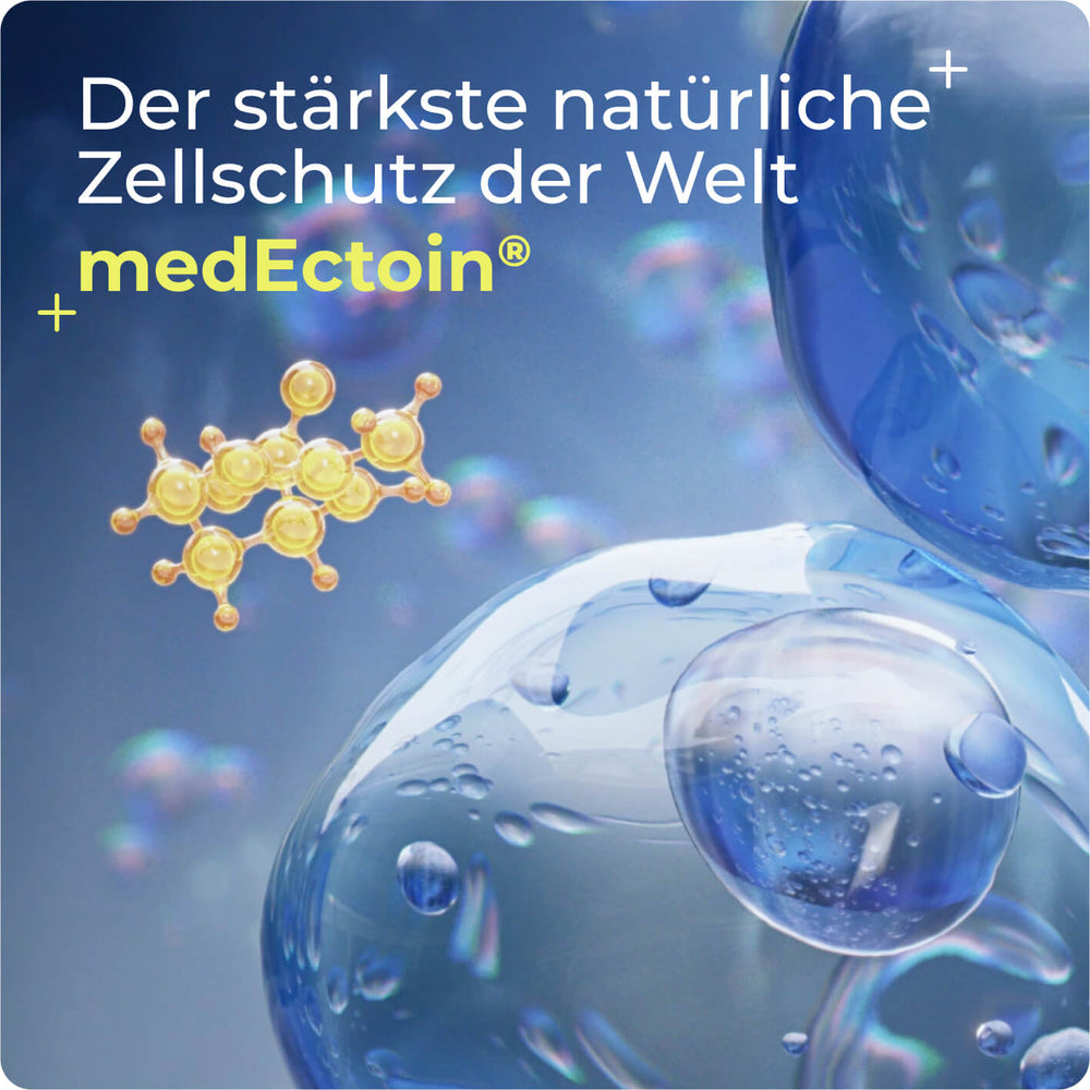 Eine Grafik mit dem deutschen Text Der stärkste natürliche Zellschutz der Welt + medEctoin® zeigt blaue zellähnliche Blasen und eine gelbe Molekularstruktur auf einem sanften blauen Hintergrund.