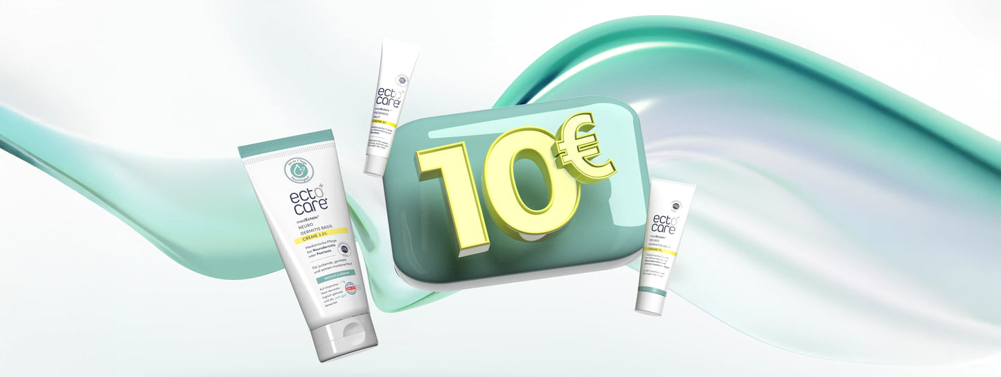Drei Eco Care Hautpflegeprodukte neben einem grünen Schild mit der Aufschrift '10€'
