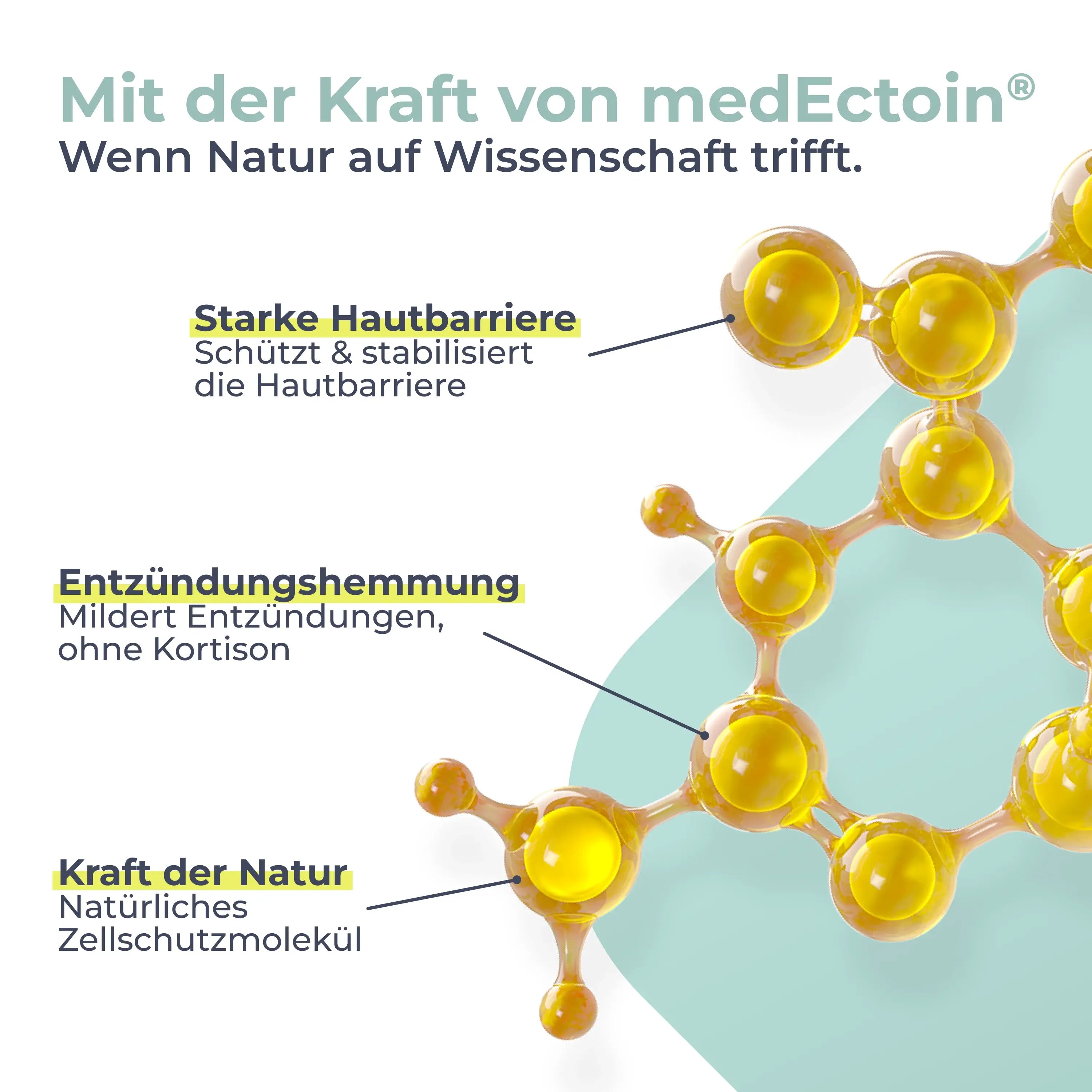 Molekülstruktur mit gelben Kugeln und Linien. Text: 'Starke Hautbarriere', 'Entzündungshemmung', 'Kraft der Natur'.