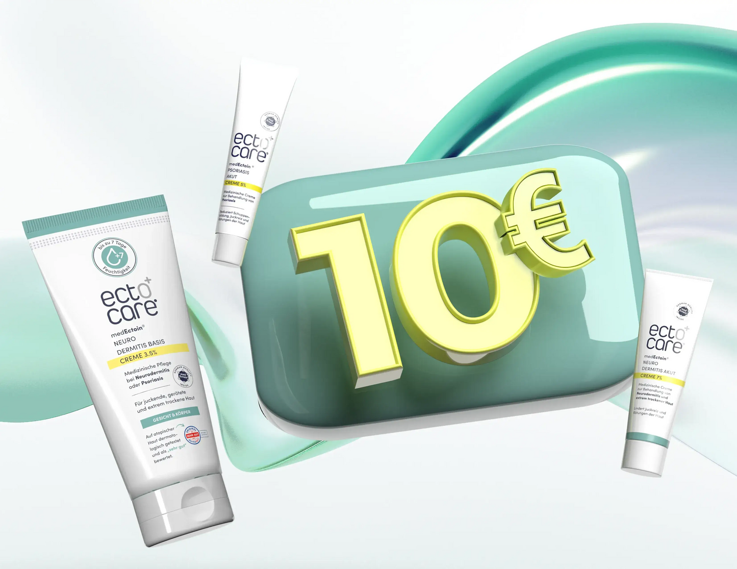 Drei Eco Care Hautpflegeprodukte neben einem grünen Schild mit der Aufschrift '10€'